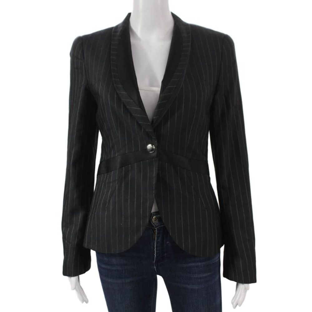 Not Available Womens Blazer Black Cashmere Pinstripe Button Long Sleeve Size 40
